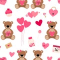 Seamless pattern Valentine`s day Bears heart balloons gifts candy vector illustration Royalty Free Stock Photo